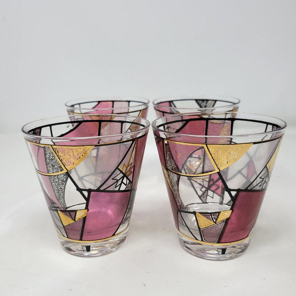Ned Harris Stained Glass Geometric Pink Gold Rocks Glasses Set of 4 Vintage MCM